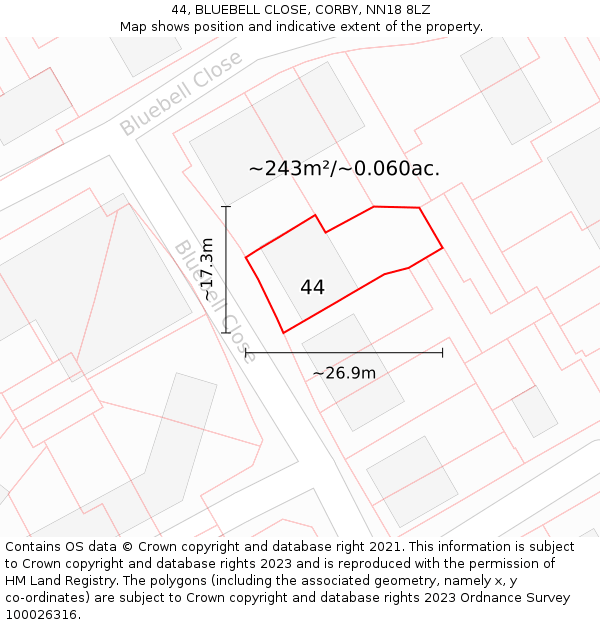 44, BLUEBELL CLOSE, CORBY, NN18 8LZ: Plot and title map