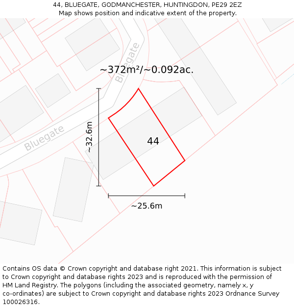 44, BLUEGATE, GODMANCHESTER, HUNTINGDON, PE29 2EZ: Plot and title map