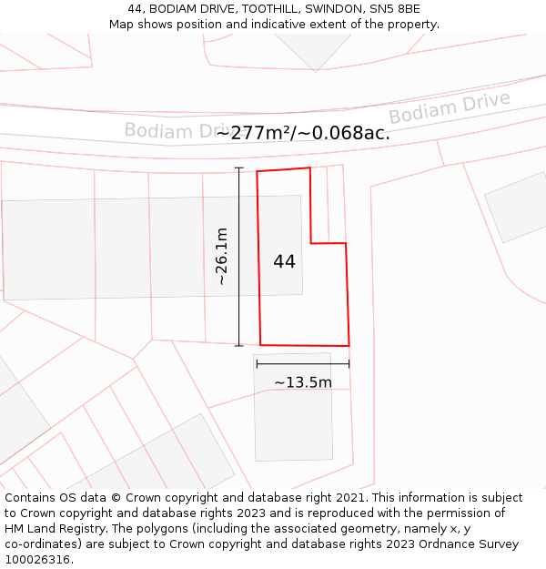 44, BODIAM DRIVE, TOOTHILL, SWINDON, SN5 8BE: Plot and title map