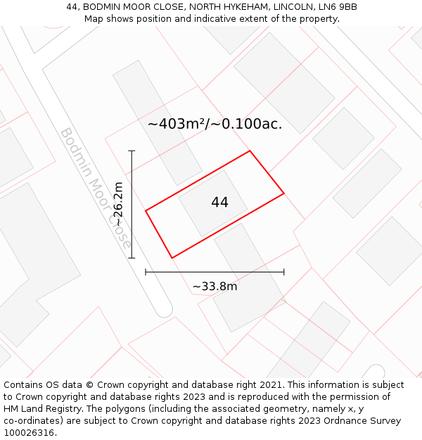 44, BODMIN MOOR CLOSE, NORTH HYKEHAM, LINCOLN, LN6 9BB: Plot and title map
