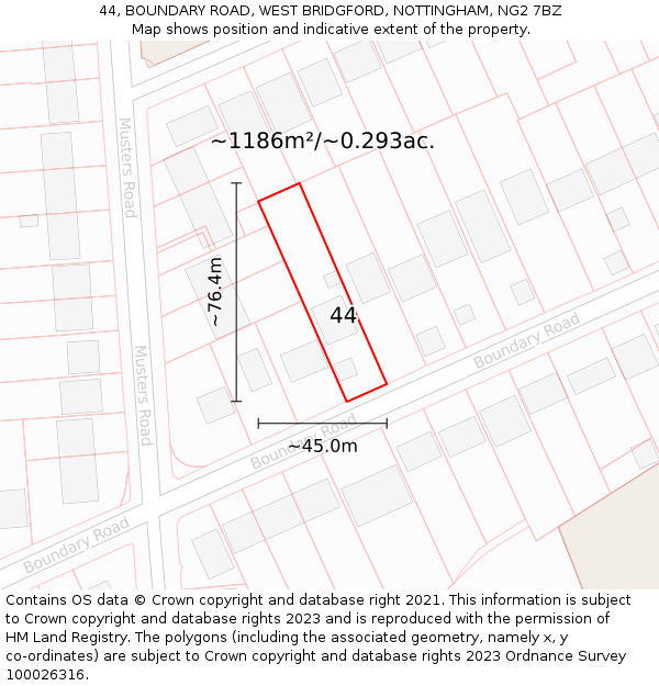 44, BOUNDARY ROAD, WEST BRIDGFORD, NOTTINGHAM, NG2 7BZ: Plot and title map