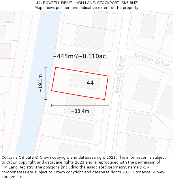 44, BOWFELL DRIVE, HIGH LANE, STOCKPORT, SK6 8HZ: Plot and title map