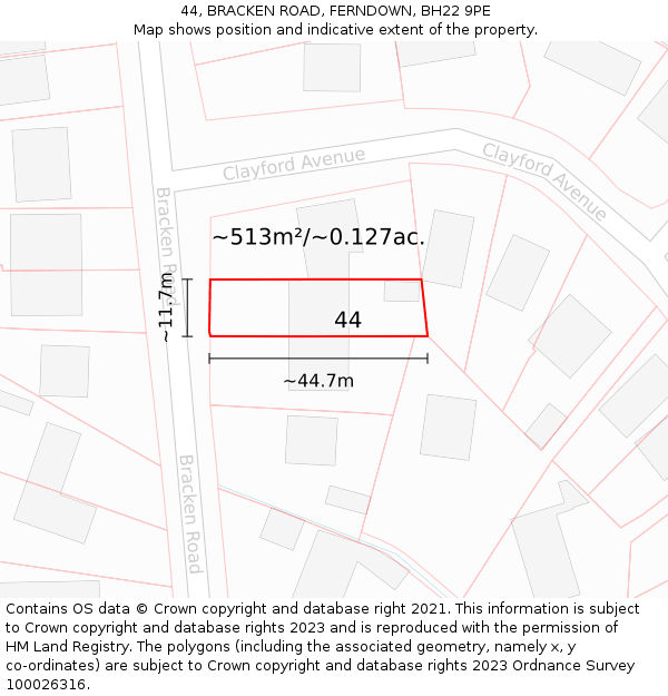 44, BRACKEN ROAD, FERNDOWN, BH22 9PE: Plot and title map