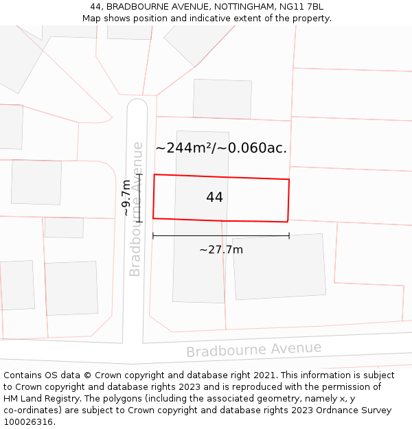 44, BRADBOURNE AVENUE, NOTTINGHAM, NG11 7BL: Plot and title map