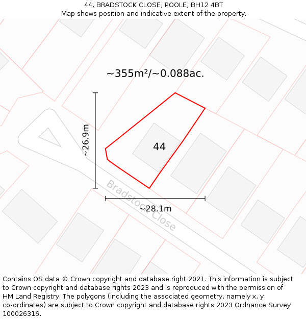 44, BRADSTOCK CLOSE, POOLE, BH12 4BT: Plot and title map