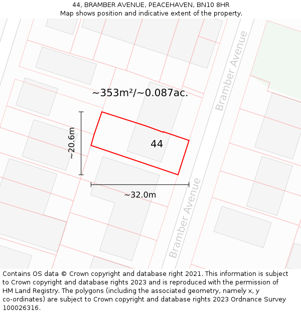 44, BRAMBER AVENUE, PEACEHAVEN, BN10 8HR: Plot and title map