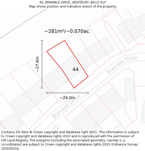 44, BRAMBLE DRIVE, WESTBURY, BA13 3UY: Plot and title map