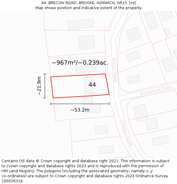 44, BRECON ROAD, BROOKE, NORWICH, NR15 1HS: Plot and title map