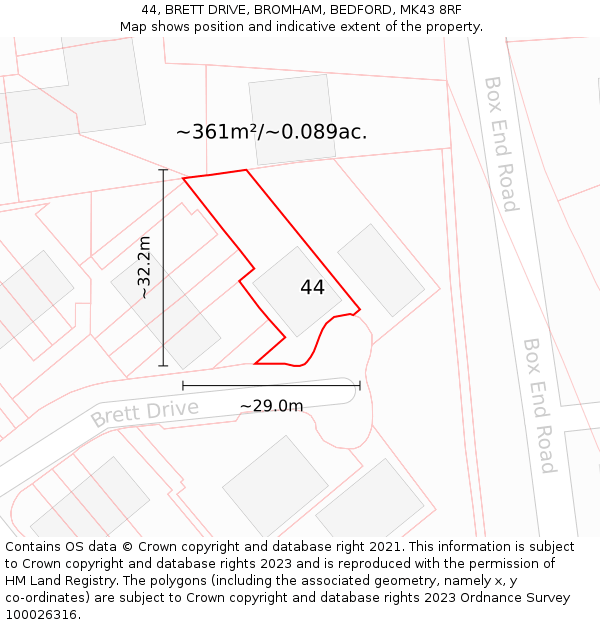 44, BRETT DRIVE, BROMHAM, BEDFORD, MK43 8RF: Plot and title map