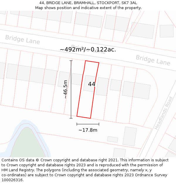 44, BRIDGE LANE, BRAMHALL, STOCKPORT, SK7 3AL: Plot and title map