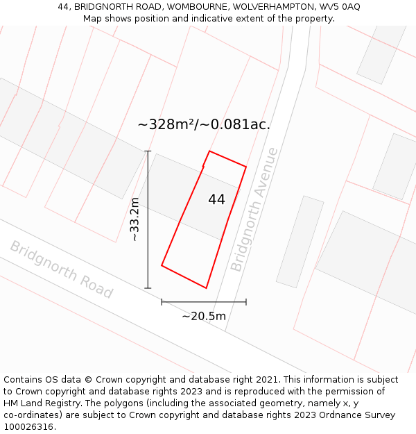 44, BRIDGNORTH ROAD, WOMBOURNE, WOLVERHAMPTON, WV5 0AQ: Plot and title map