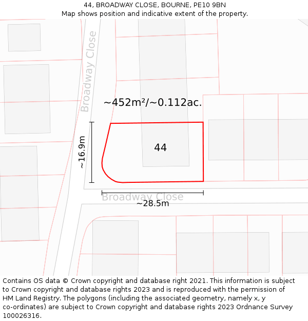 44, BROADWAY CLOSE, BOURNE, PE10 9BN: Plot and title map