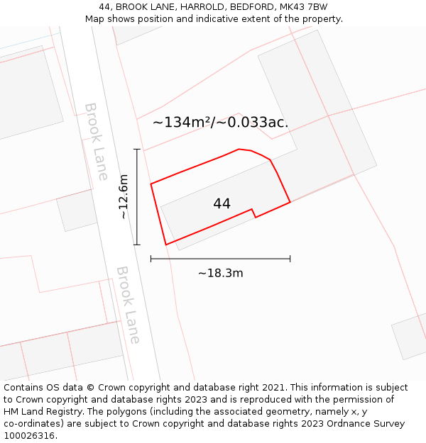 44, BROOK LANE, HARROLD, BEDFORD, MK43 7BW: Plot and title map