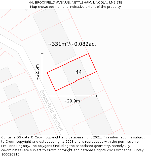 44, BROOKFIELD AVENUE, NETTLEHAM, LINCOLN, LN2 2TB: Plot and title map