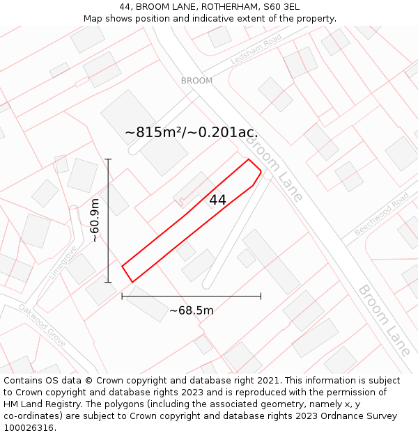 44, BROOM LANE, ROTHERHAM, S60 3EL: Plot and title map