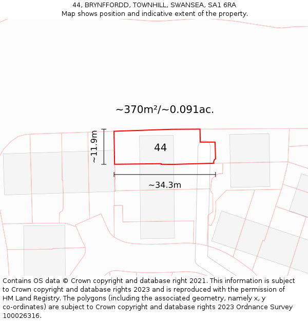 44, BRYNFFORDD, TOWNHILL, SWANSEA, SA1 6RA: Plot and title map