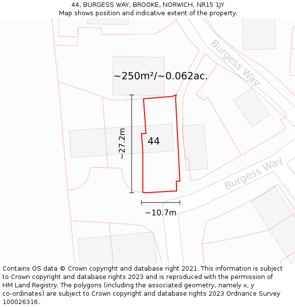 44, BURGESS WAY, BROOKE, NORWICH, NR15 1JY: Plot and title map