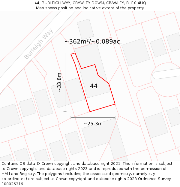 44, BURLEIGH WAY, CRAWLEY DOWN, CRAWLEY, RH10 4UQ: Plot and title map