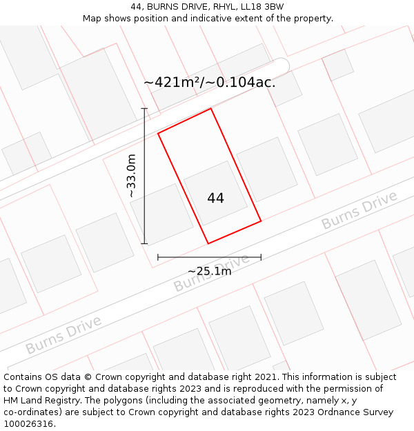 44, BURNS DRIVE, RHYL, LL18 3BW: Plot and title map