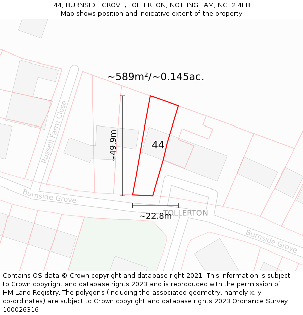 44, BURNSIDE GROVE, TOLLERTON, NOTTINGHAM, NG12 4EB: Plot and title map