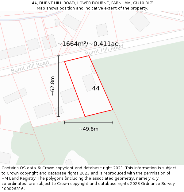 44, BURNT HILL ROAD, LOWER BOURNE, FARNHAM, GU10 3LZ: Plot and title map