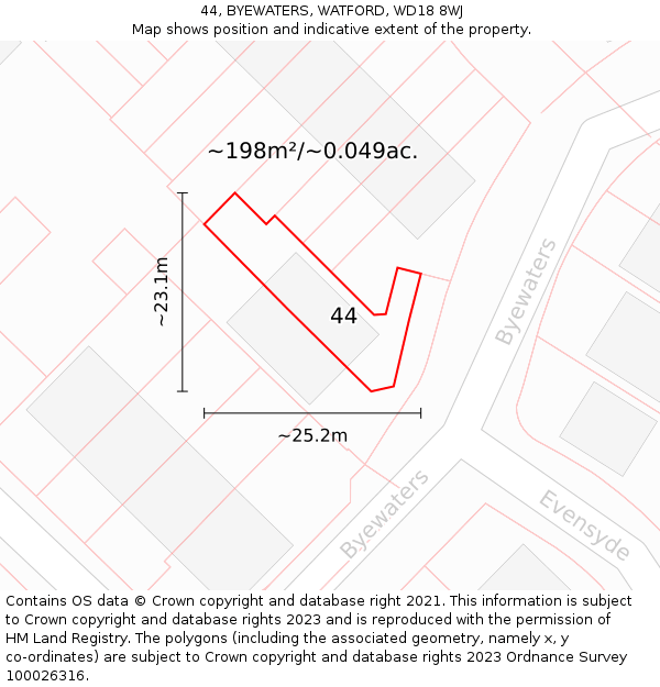 44, BYEWATERS, WATFORD, WD18 8WJ: Plot and title map