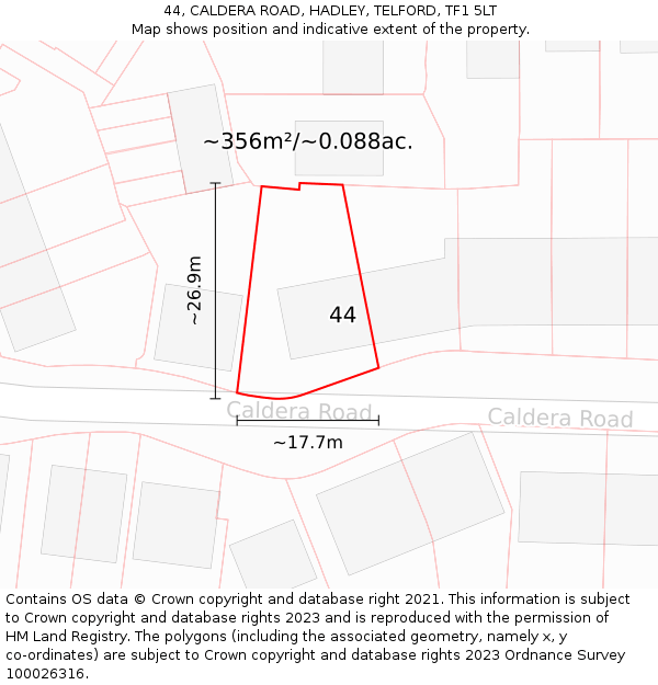 44, CALDERA ROAD, HADLEY, TELFORD, TF1 5LT: Plot and title map