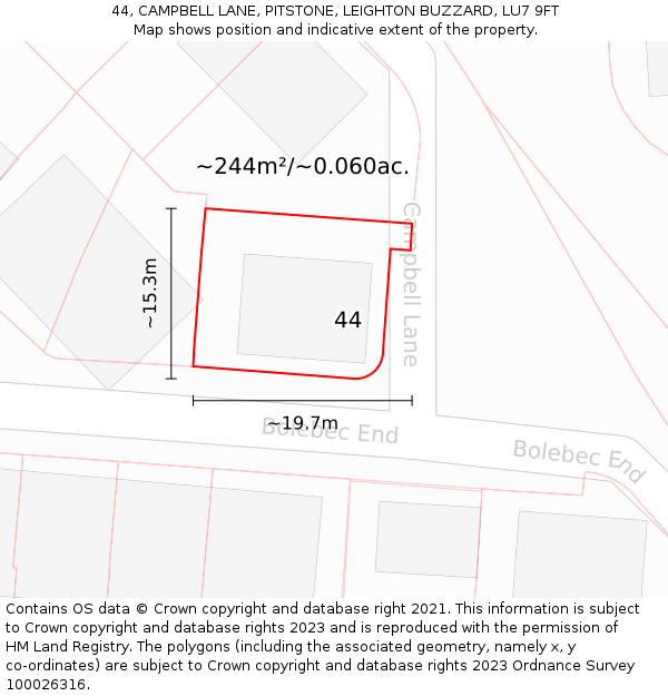 44, CAMPBELL LANE, PITSTONE, LEIGHTON BUZZARD, LU7 9FT: Plot and title map