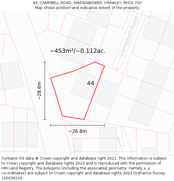 44, CAMPBELL ROAD, MAIDENBOWER, CRAWLEY, RH10 7GY: Plot and title map