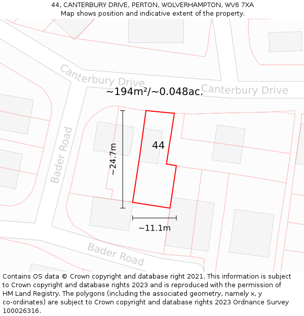 44, CANTERBURY DRIVE, PERTON, WOLVERHAMPTON, WV6 7XA: Plot and title map