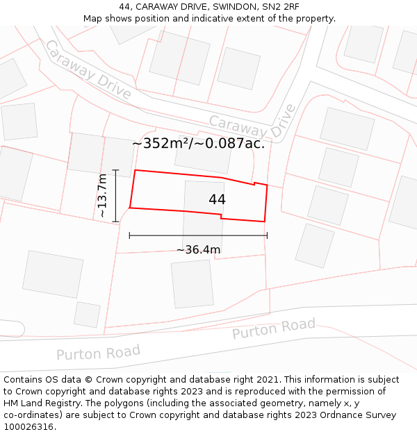 44, CARAWAY DRIVE, SWINDON, SN2 2RF: Plot and title map