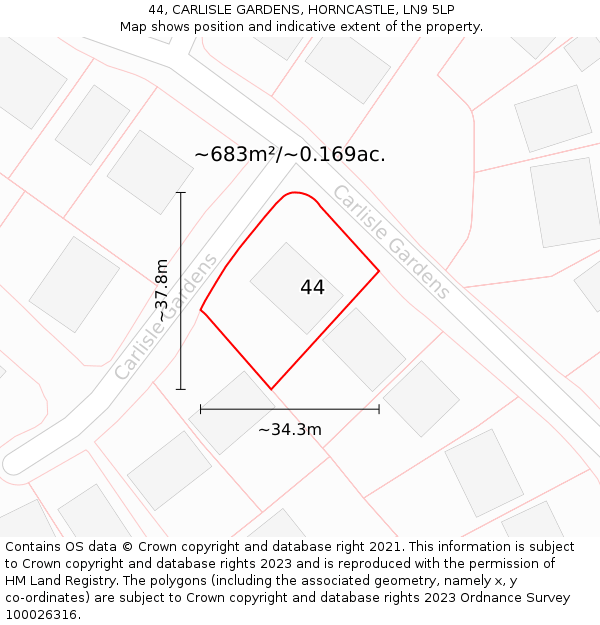 44, CARLISLE GARDENS, HORNCASTLE, LN9 5LP: Plot and title map