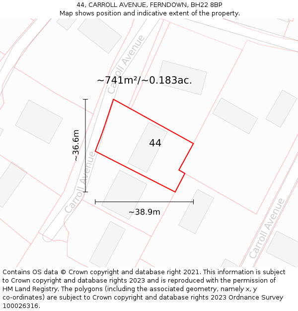 44, CARROLL AVENUE, FERNDOWN, BH22 8BP: Plot and title map