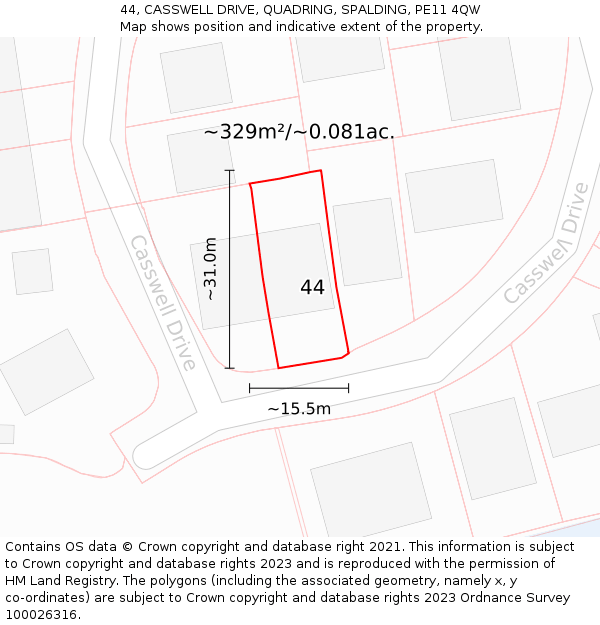 44, CASSWELL DRIVE, QUADRING, SPALDING, PE11 4QW: Plot and title map