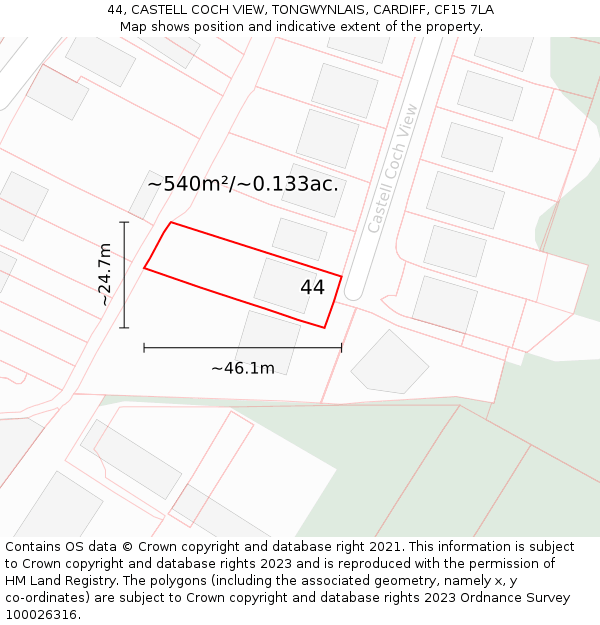 44, CASTELL COCH VIEW, TONGWYNLAIS, CARDIFF, CF15 7LA: Plot and title map