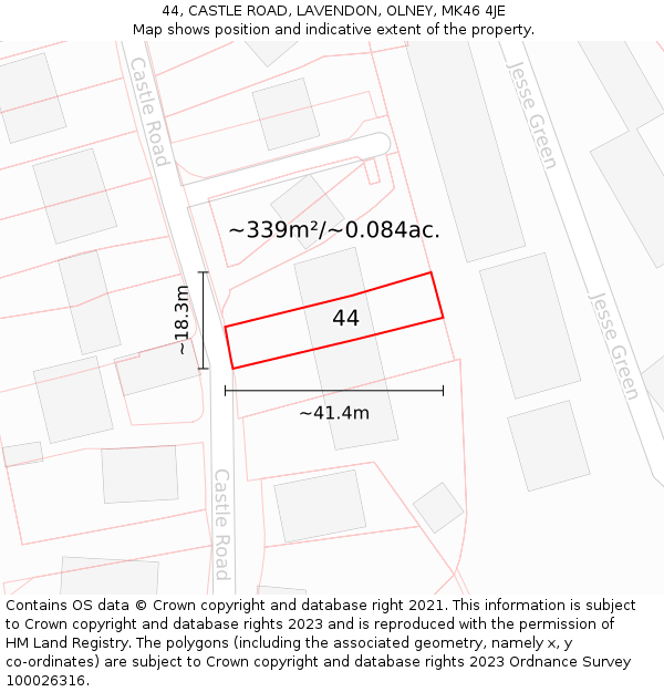 44, CASTLE ROAD, LAVENDON, OLNEY, MK46 4JE: Plot and title map