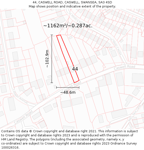44, CASWELL ROAD, CASWELL, SWANSEA, SA3 4SD: Plot and title map