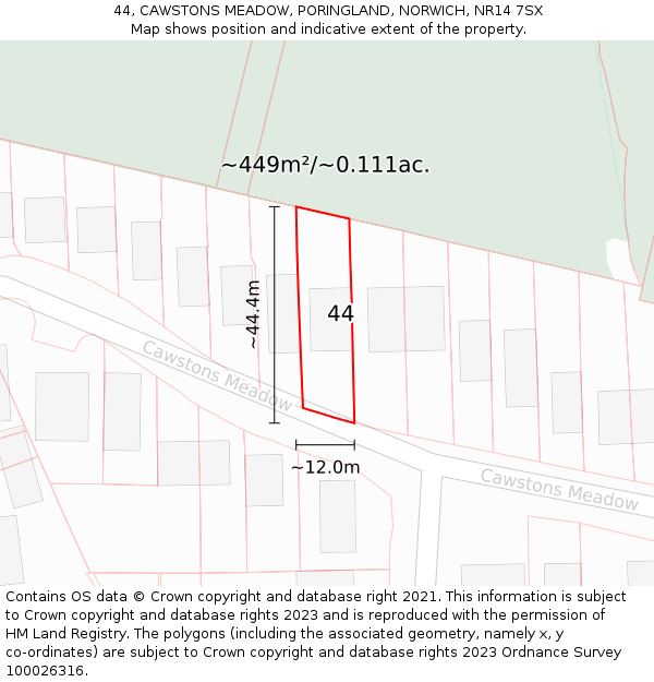 44, CAWSTONS MEADOW, PORINGLAND, NORWICH, NR14 7SX: Plot and title map