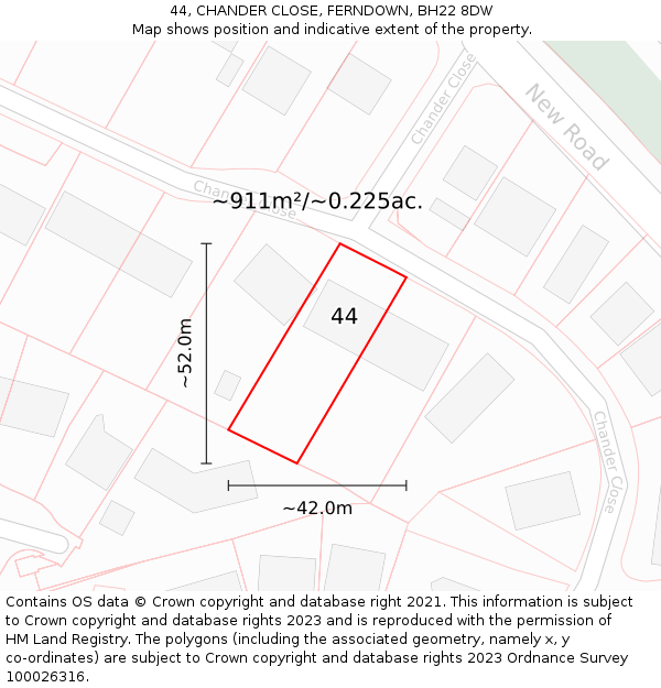 44, CHANDER CLOSE, FERNDOWN, BH22 8DW: Plot and title map