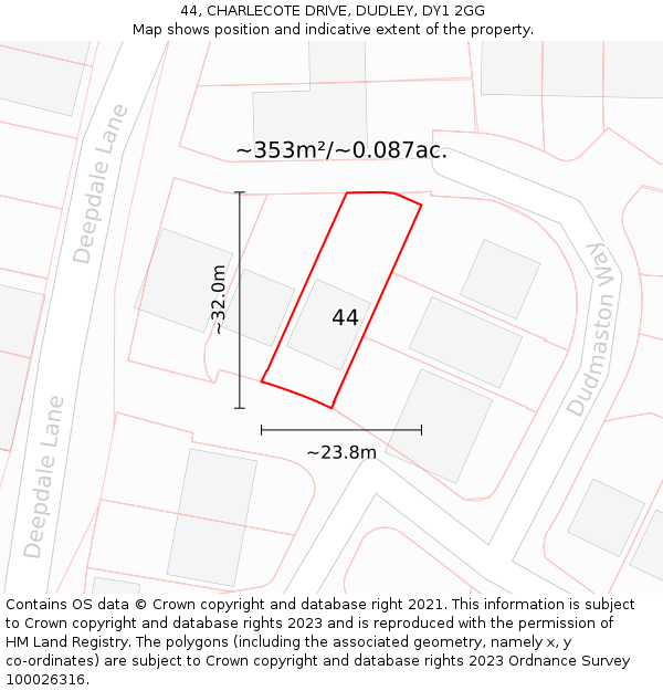 44, CHARLECOTE DRIVE, DUDLEY, DY1 2GG: Plot and title map