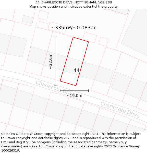 44, CHARLECOTE DRIVE, NOTTINGHAM, NG8 2SB: Plot and title map