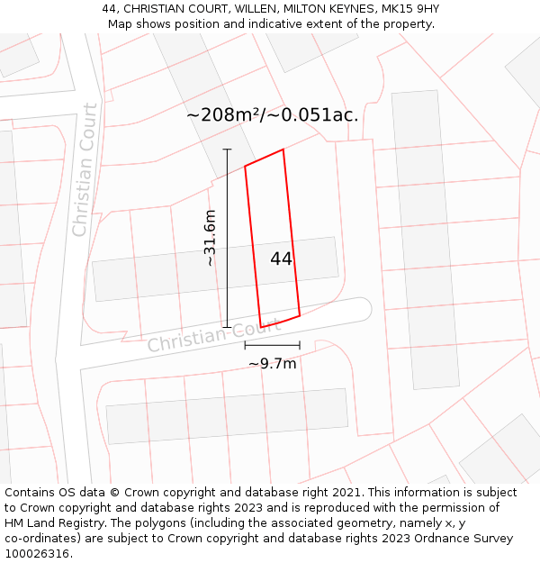 44, CHRISTIAN COURT, WILLEN, MILTON KEYNES, MK15 9HY: Plot and title map