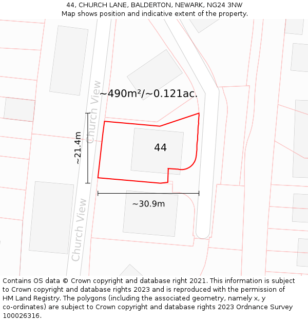 44, CHURCH LANE, BALDERTON, NEWARK, NG24 3NW: Plot and title map