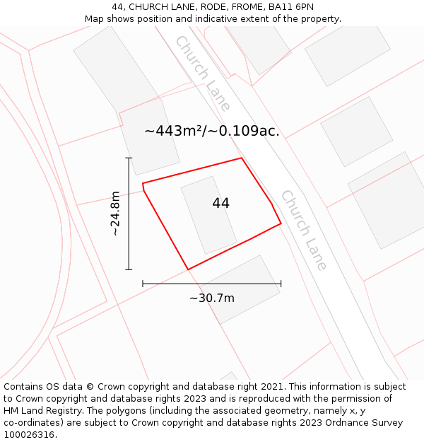 44, CHURCH LANE, RODE, FROME, BA11 6PN: Plot and title map