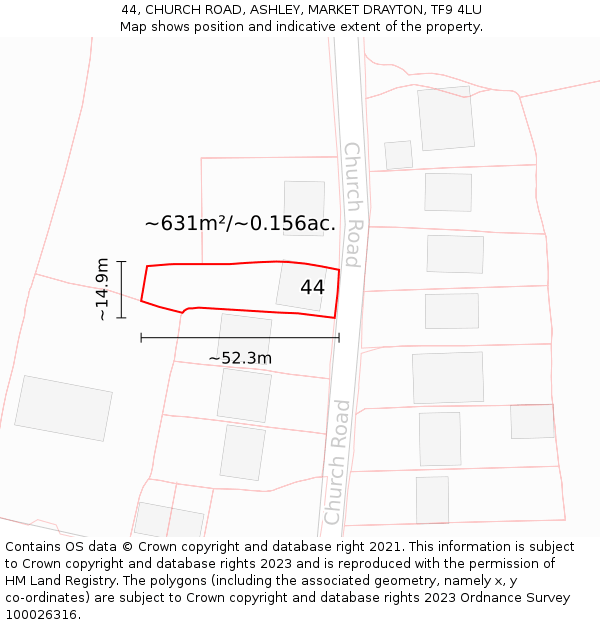 44, CHURCH ROAD, ASHLEY, MARKET DRAYTON, TF9 4LU: Plot and title map