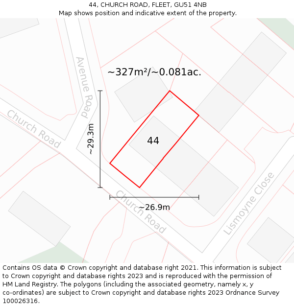 44, CHURCH ROAD, FLEET, GU51 4NB: Plot and title map