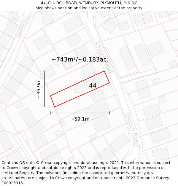 44, CHURCH ROAD, WEMBURY, PLYMOUTH, PL9 0JG: Plot and title map