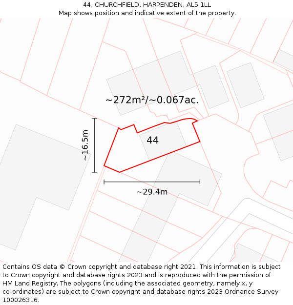 44, CHURCHFIELD, HARPENDEN, AL5 1LL: Plot and title map