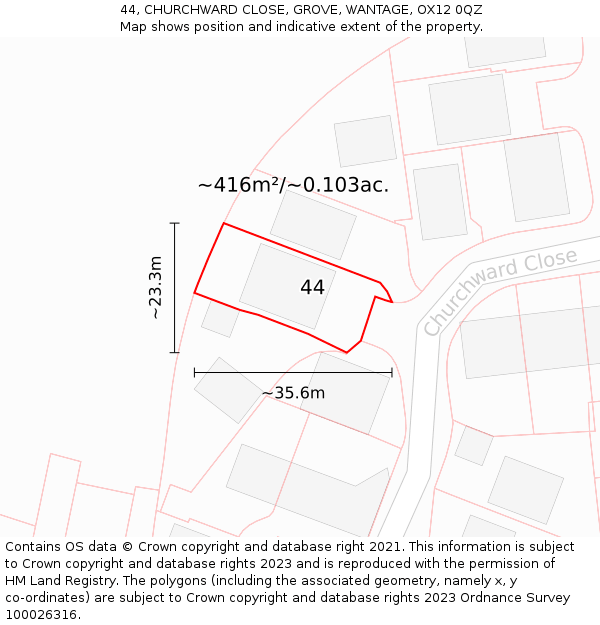 44, CHURCHWARD CLOSE, GROVE, WANTAGE, OX12 0QZ: Plot and title map