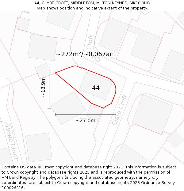 44, CLARE CROFT, MIDDLETON, MILTON KEYNES, MK10 9HD: Plot and title map